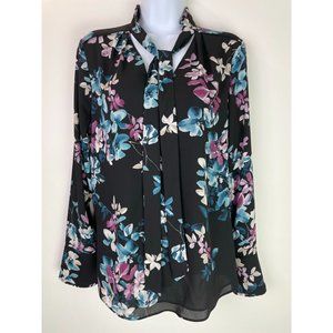 White House Black Market Floral Print Tie-Neck Blouse Size 10